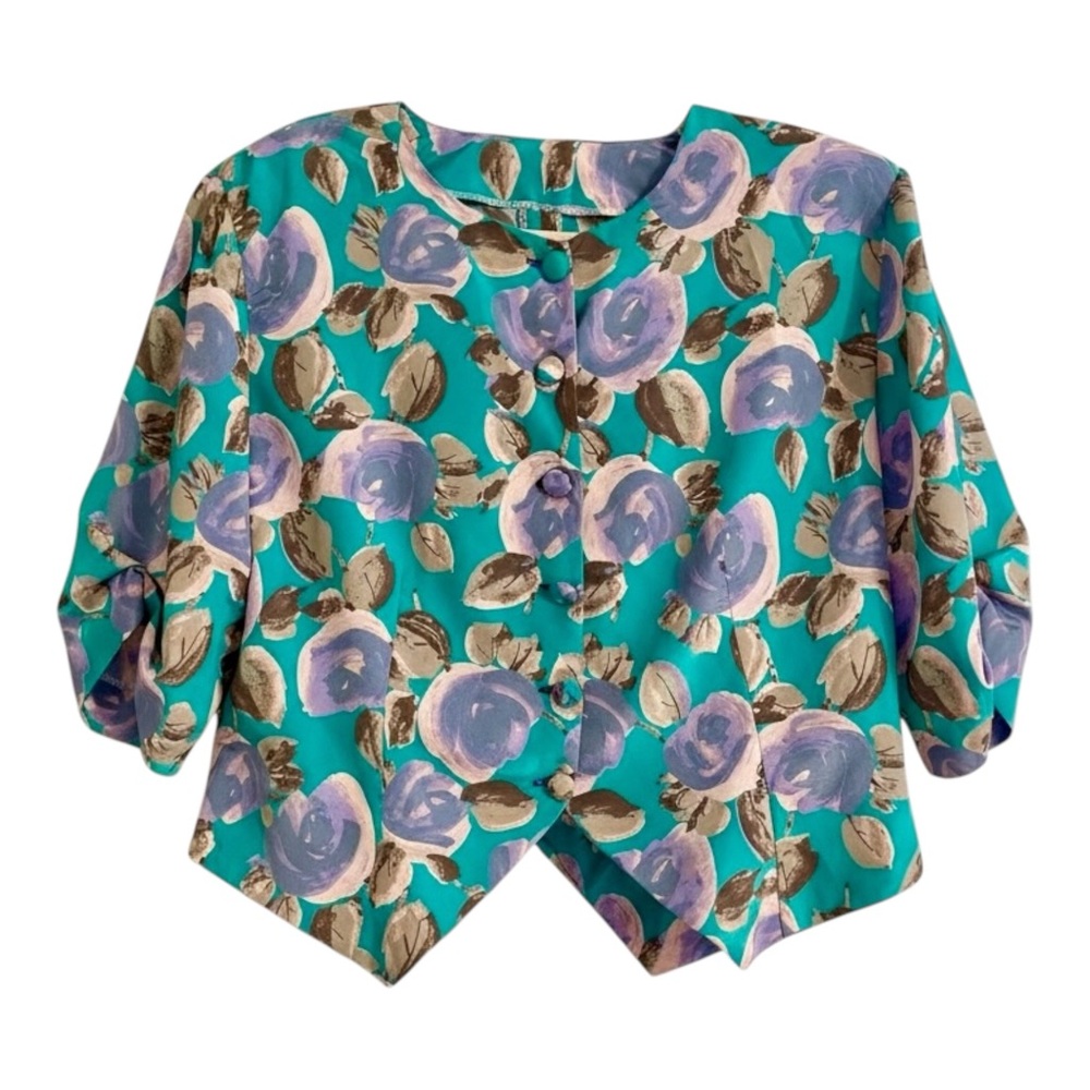 Vintage 60’s Floral Cropped 3/4 Sleeve Silk Jacket Blouse L Retro Career Chic
